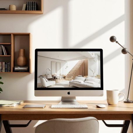 Escritorio moderno con un ordenador, planta y luz natural en un ambiente minimalista.