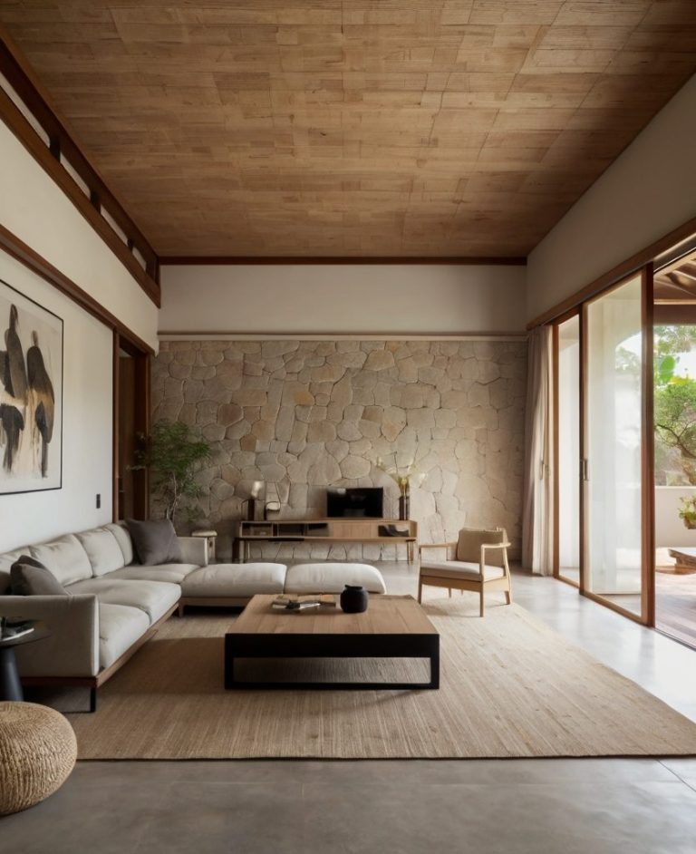 Sala moderna y minimalista con sofá, mesa de centro y decoración natural.