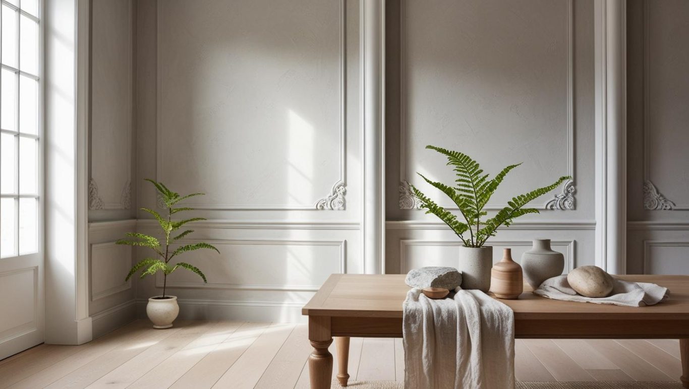 Mesa de madera con decoraciones, plantas verdes y luz natural en un ambiente elegante.
